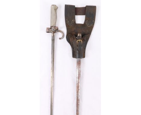 French 1886 pattern bayonet having tapering cruciform blade, hooked quillon and white metal grip, with scabbard and leather f