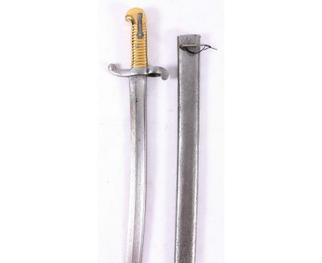 French model 1842 sword bayonet having fullered yataghan T-form blade, blade edge marked for Chatterault March 1856, brass gr