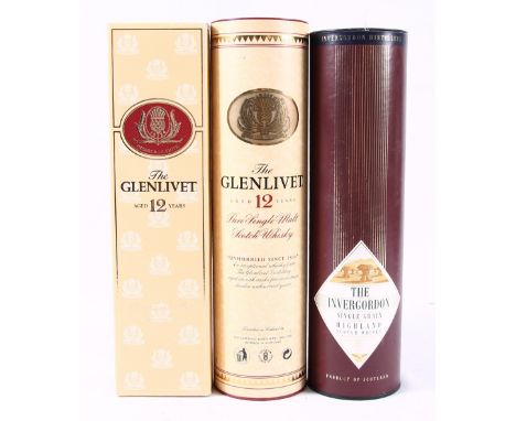 Two bottles of GLENLIVET 12 year old single malt whisky 70cl and 75cl 40% vol, one boxed, one with tube and THE INVERGORDON 1
