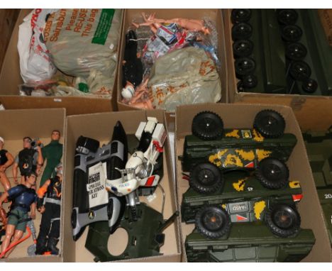 Actionman accessories and dolls including two army tanks, Jeep, police motorbike, dolls, clothing, weapons, etc.