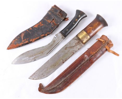 Indian Kukri and a Eastern Bowie type dagger with leather scabbard, 31cm long