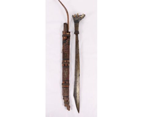 Borneo Dyak mandau or parang ilang headhunters sword with engraved blade, wire bound carved wood grip and scabbard, blade len