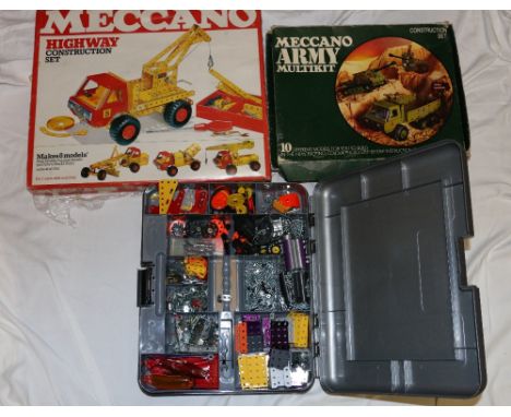 Meccano Highway set, army multikit set and a box of loose Meccano. (3)