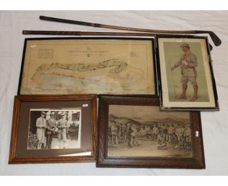 Two hickory shafted putters, Vanity Fair Muir print, map of the Old Course, photograph and a print. (6)