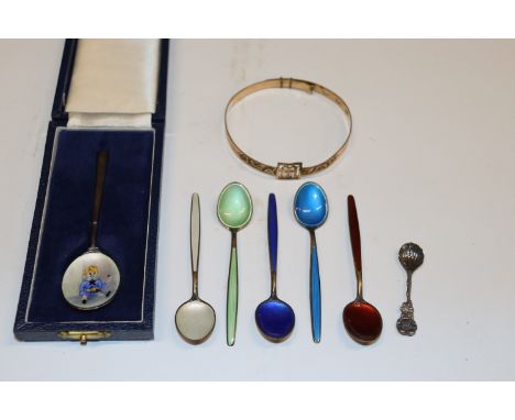 A Birmingham silver spoons with enamel decoration; five Norwegian Sterling silver and enamel decorated spoons and a gold plat