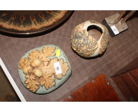 A Bernard Rooke owl and leaf decorated vase and a Bernard Rooke acorn decorated wall pocket 