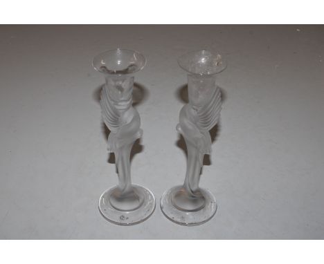 A pair of Igor Carl Fabergé modelled crystal candlesticks, stems modelled as doves, etched marks to the bases