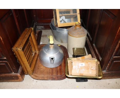 A stone glazed flagon for Cobbold & Son, Wine and Spirit Merchant Ipswich; two vintage aluminium boiling pans; a kettle; a se