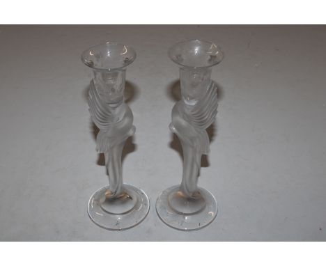 A pair of Igor Carl Fabergé modelled crystal candlesticks, stems modelled as doves, etched marks to the bases