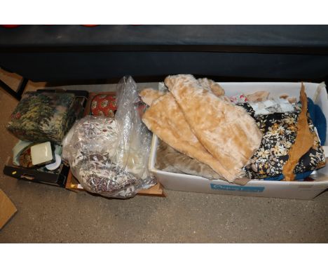 Four boxes of miscellaneous textiles, sewing items, etc.