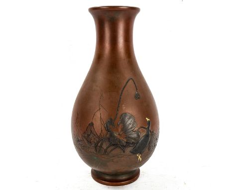 A Chinese bronze vase with applied patinated design, depicting a lily and goose, signed under base, height 32cm 