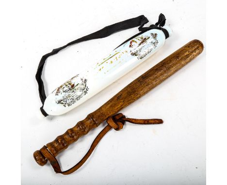 A Victorian opalescent glass rolling pin, length 34cm,  and an oak truncheon, length 42cm (2) 