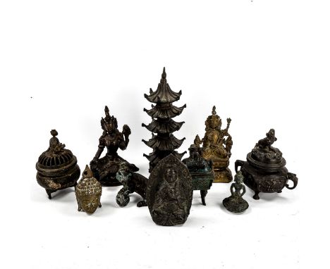 A group of Chinese bronze deities, incense burners, bronze temple etc (9) 