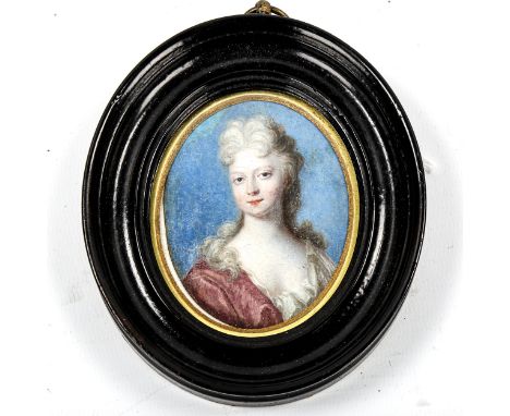 18th century miniature painting on copper, portrait of Sarah Duchess of Marlborough, unsigned, inscribed verso, ebonised fram