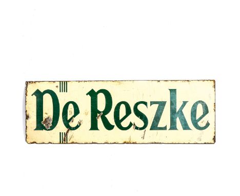 An enamel advertising sign for De Reszke Cigarettes, 15cm x 46cm, mid-20th centurySeveral large surface enamel chips and a nu