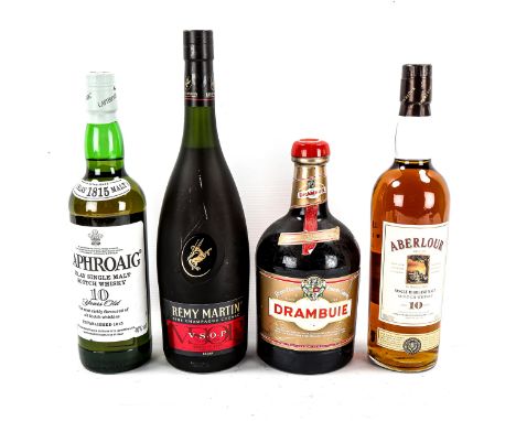 4 bottles of spirits, Laphroaig 10 yr old Islay malt whisky 70cl, Aberlour 10 yr old Highland malt whisky 70cl, Remy Martin V