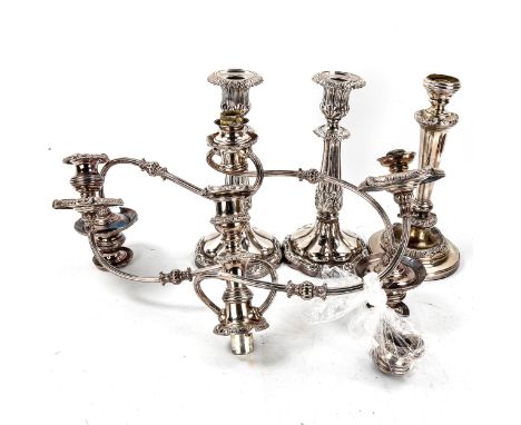A pair of 19th century electroplate candlesticks, height 28cm, a pair of 19th century candelabra tops, and 1 other candlestic