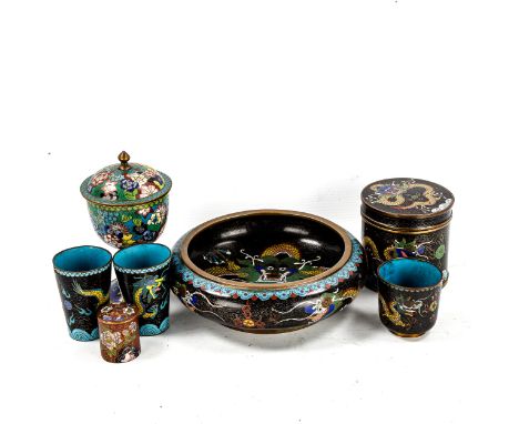 A group of Chinese cloisonne enamel items, including a dragon pot, height 9cm, and a goblet and cover, height 16cm 