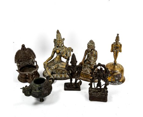 A group of Indian bronze deities, a bronze bell, an incense burner etc (7) 