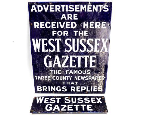 2 early 20th century blue and white enamel advertising signs for The West Sussex Gazette, 47cm x 38cm, and 10cm x 37cm (2)Gen