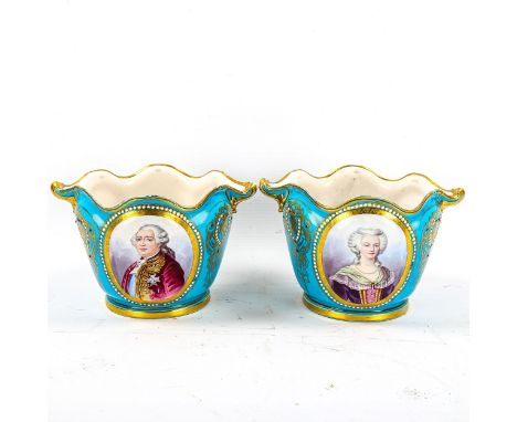 A pair of Sevres porcelain jardinieres, with painted portrait panels on turquoise ground with gilding, diameter including han