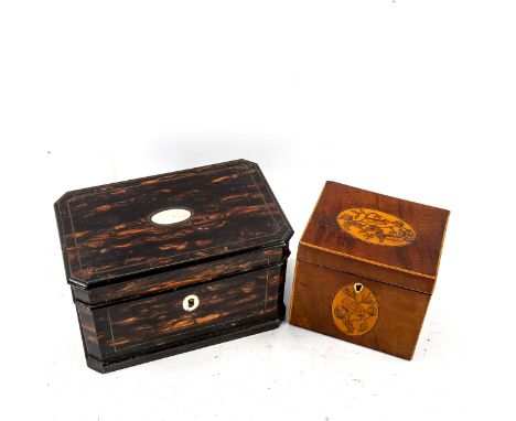 A Victorian coromandel tea caddy with inner lids, length 19cm, and a 19th century satinwood and marquetry inlaid box (2) 