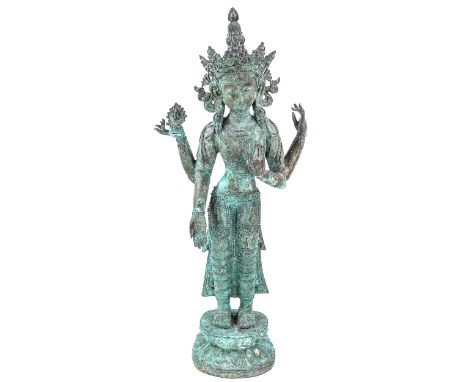 A large Indian verdigris bronze standing Buddha, height 73cm 