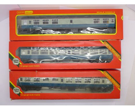 Three OO gauge boxed Hornby blue BR coaches including a Buffet coach.