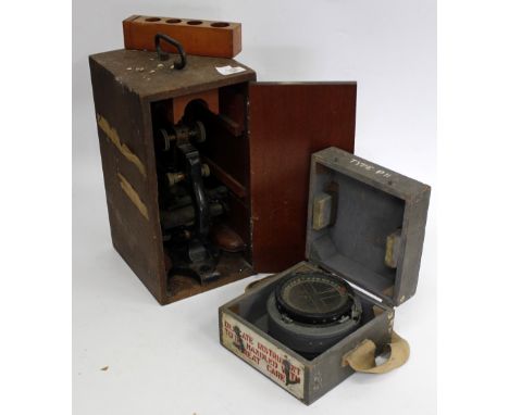 A MILITARY TYPE P11 COMPASS in a fitted box, 14cm diameter together with a Spencer Lens. Co microscope in a mahogany box (2)