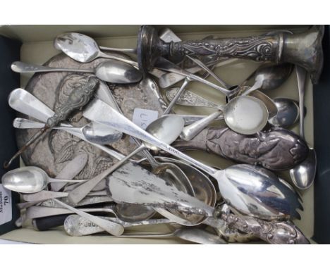 A SELECTION OF GEORGIAN AND VICTORIAN SILVER including serving spoons, teaspoons, a hand held mirror, Art Nouveau posy vase e