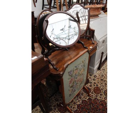 THREE LATE 19TH CENTURY / EARLY 20TH CENTURY SWING TOILET MIRRORS and a walnut framed tapestry screen (4)
