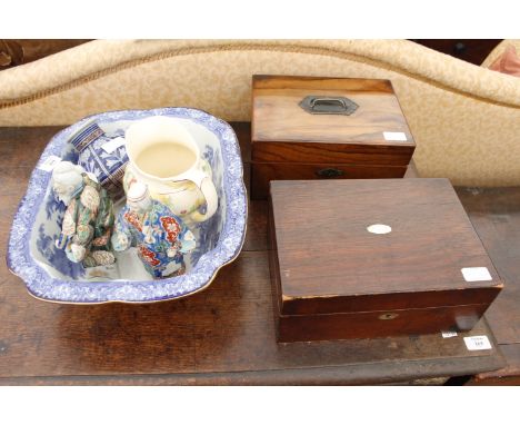 A VICTORIAN WALNUT JEWELLERY BOX together with a rosewood jewellery box, a Doulton blue and white wash basin, a pair of Japan