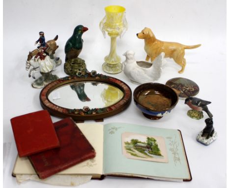 A SELECTION OF CERAMICS including Beswick, figures, birds and dogs, Prattware pot lids, crimped glass posy vase, Barbola mirr