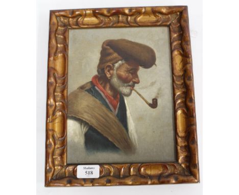 A SMALL CONTINENTAL SCHOOL OIL ON CANVAS LAID ON BOARD OF A BEARDED MAN with pipe, 24.5cm x 19cm