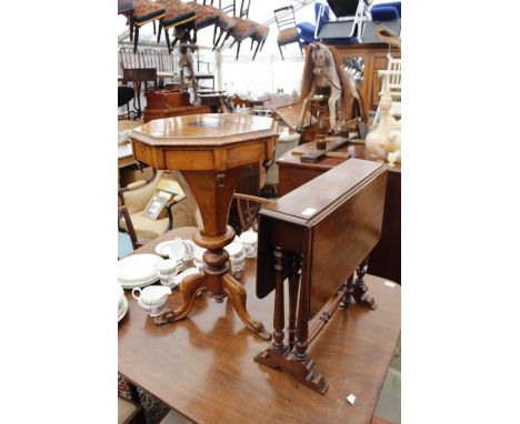 A VICTORIAN OCTAGONAL WALNUT WORK TABLE with decorative inlay to the top and tripod base 43cm wide together with a small maho