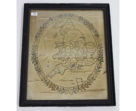 A 19TH CENTURY TAPESTRY PICTURE of England, Wales and Scotland, 55cm x 44cm