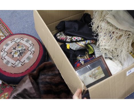 A BOX OF BERLIN WOOLWORK AND TAPESTRY PICTURES, embroidered cloths, beadwork footstool etc