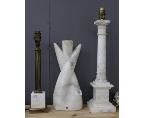 A WHITE MARBLE TABLE LAMP, two further table lamps of column form, the largest 45cm in height