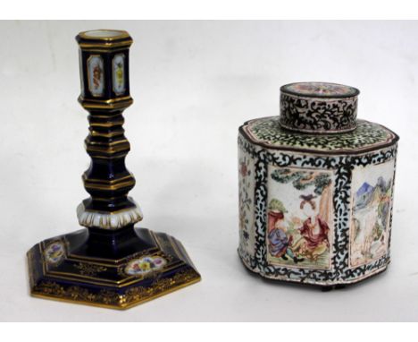 A 20TH CENTURY MEISSEN GILT PATTERN CANDLESTICK and a Cantonese hexagonal enamel tea caddy with lid (2)  