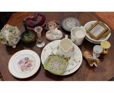 A SELECTION OF CHINA AND CERAMICS including Wedgwood Beatrix Potter plates, jugs, mug, egg cup etc, Sooty egg cup, a model of