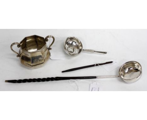 A LONDON OCTAGONAL SILVER SUGAR BASIN and two antique toddy ladles (3)