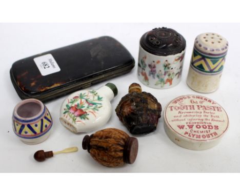 A VICTORIAN TORTOISESHELL CHEROOT CASE dated 1892 together with three Chinese snuff bottles, two small Poole Pottery items et