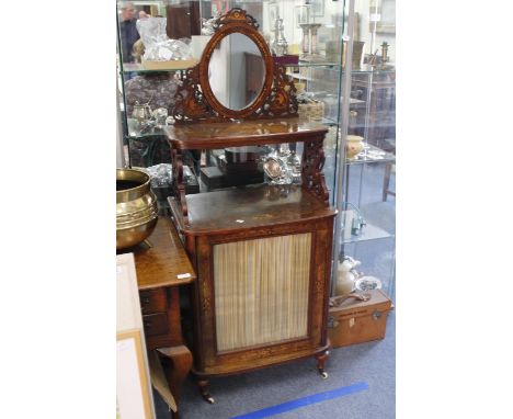 A VICTORIAN BURR WALNUT AND BOXWOOD INLAID SIDE CABINET with an oval mirrored back and a single glazed door, raised on turned