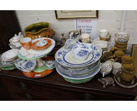 A MISCELLANEOUS COLLECTION of antique and later porcelain and pottery to include a Linthorpe orange glazed jardiniere, a Vict