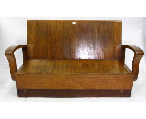 AN ART DECO WALNUT TWO SEATER BENCH with stylised arms, 70cm 
