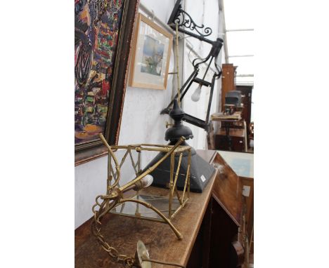 A 19TH CENTURY COPPER STREET LANTERN, 80cm in length; a further lantern; a brass faux bamboo hanging lantern and a matching t
