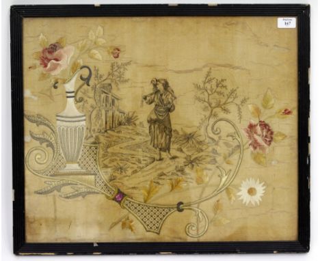 A VICTORIAN NEEDLEWORK TAPESTRY AND GOLD WORK PICTURE depicting a peasant girl, possibly the tailor's wife, in a landscape, 4
