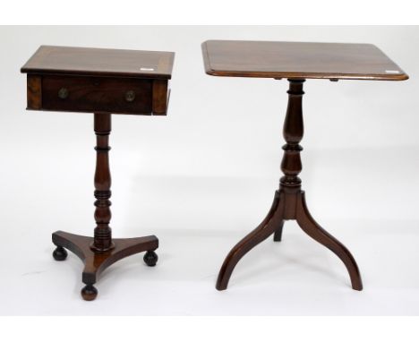 A MAHOGANY OCCASIONAL TABLE with crossbanded top and frieze drawer, 43.5cm wide together with a tilt top tripod table, 60cm w