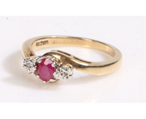 9 carat gold ruby and diamond ring, the head set with a claw mounted ruby together with a pair of illusion set diamonds eithe