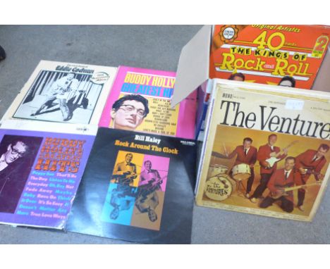 A box of Rock n Roll LP records, Little Richard, Eddie Cochran, Everly Brothers, Buddy Holly, Elvis Presley, Bill Haley, etc.